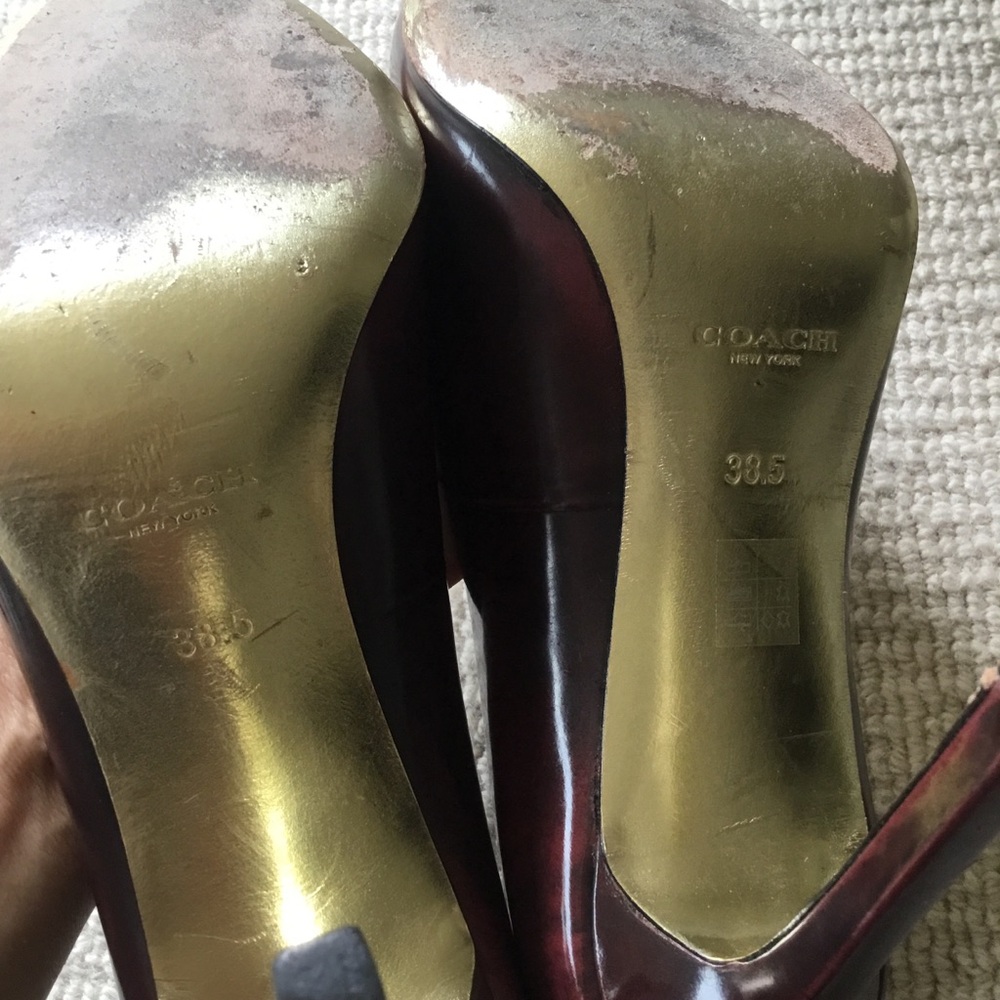 Coach Burgundy Patent Pointed-Toe Pumps with Gold Toe Plate - Picture 11 of 13